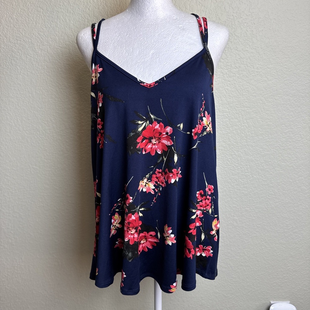 NWT Papermoon Basima Floral Knit Top Navy Blue Cami Tank L Cross Strappy Back